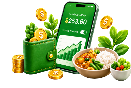 Phone showing earnings beside a green wallet and a meal